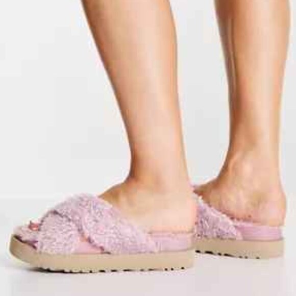 UGG Fuzz Sugar cross strap slide flatform sandals in shell - PINK NEW - Picture 4 of 6